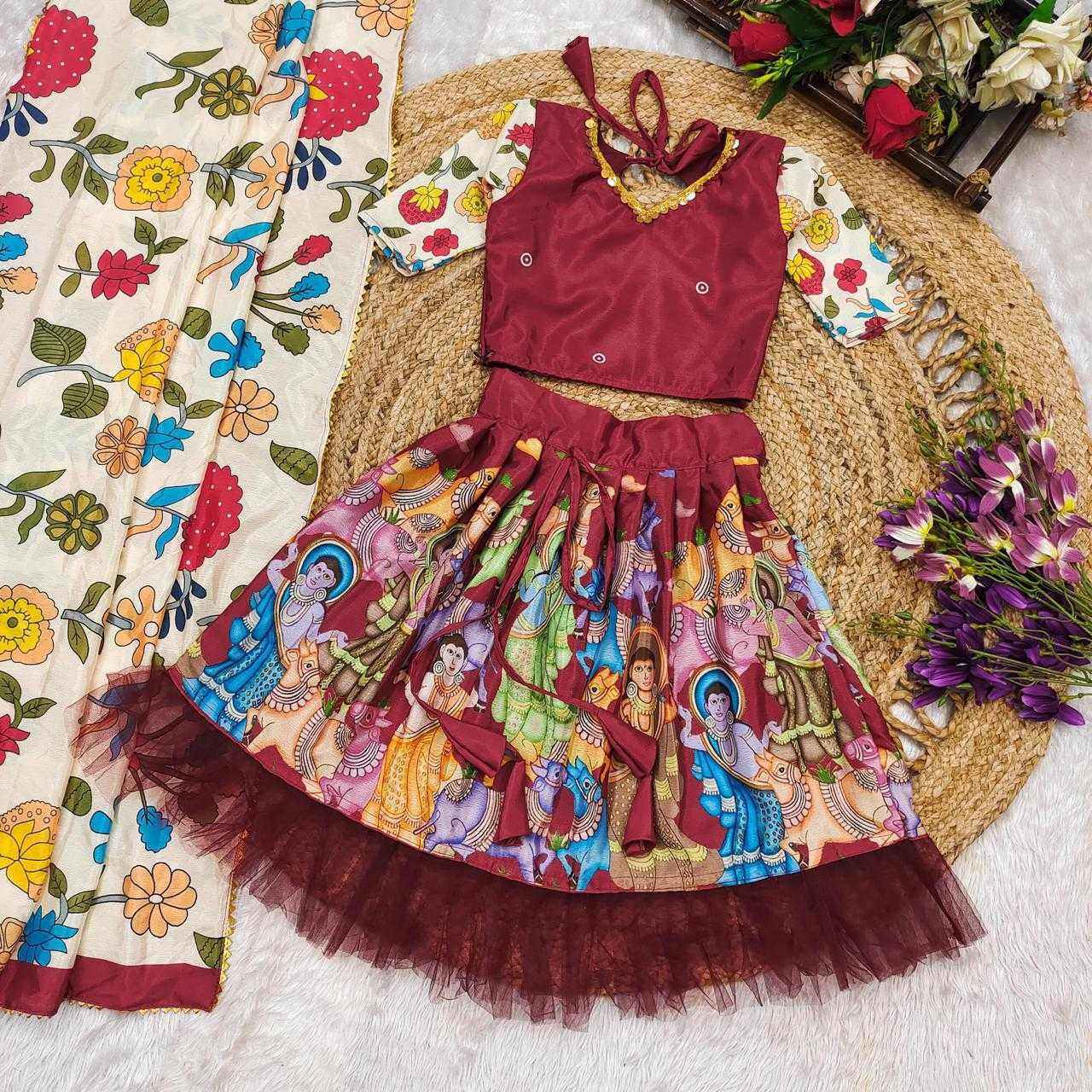 Ynf Chinon RIN235 Kalamkari Kids Wear Wholesale Kids Lehenga Kids Traditional Outfits Kids Party Wear Ethnic Manufacturer- Kids Exports