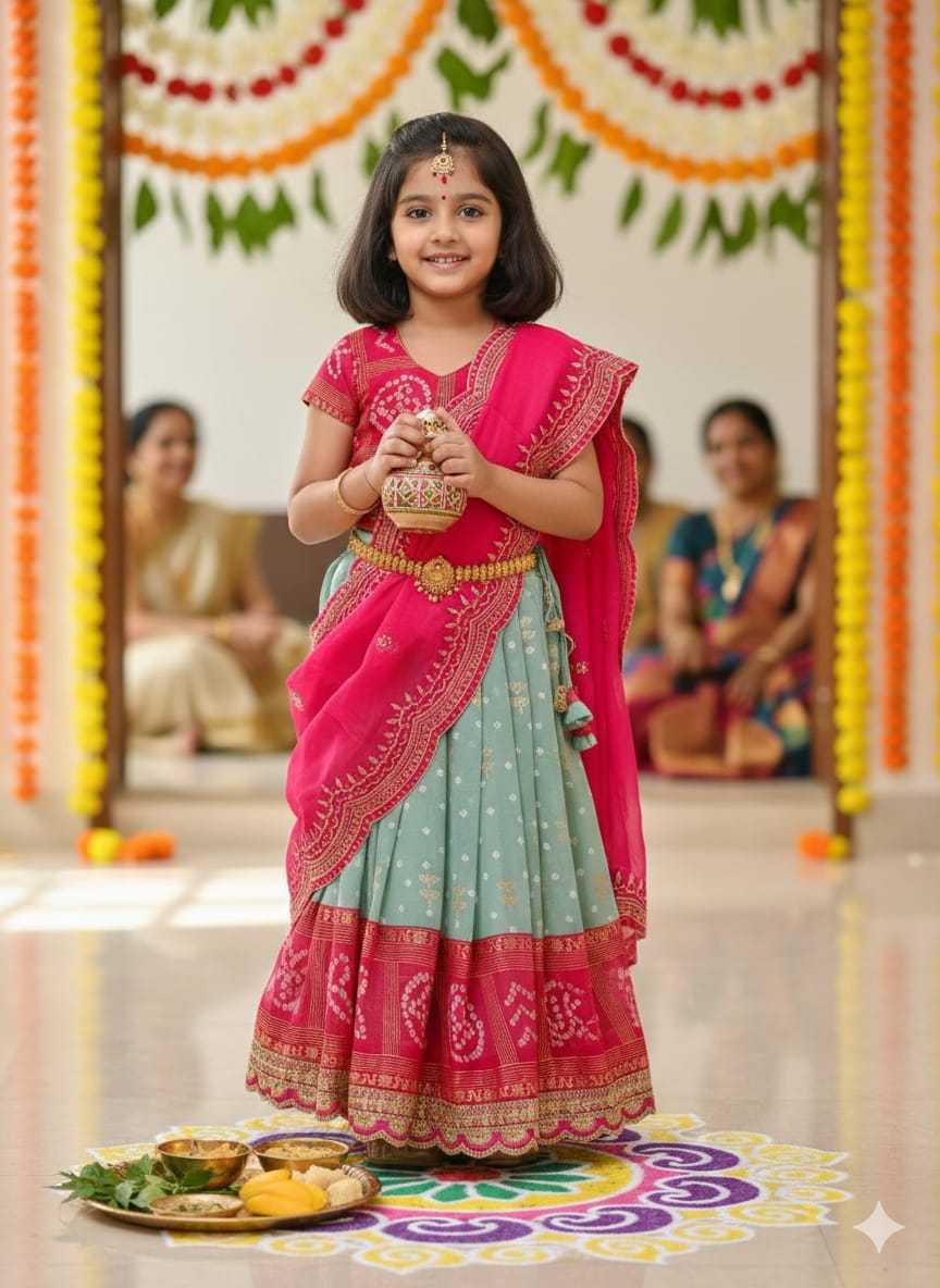 Ynf Bandhani Silk KESH505 Ugadi Kids Wear Wholesale Kids Lehenga Kids Designer Frock Kids Festive Wear Manufacturer- Kids Exports