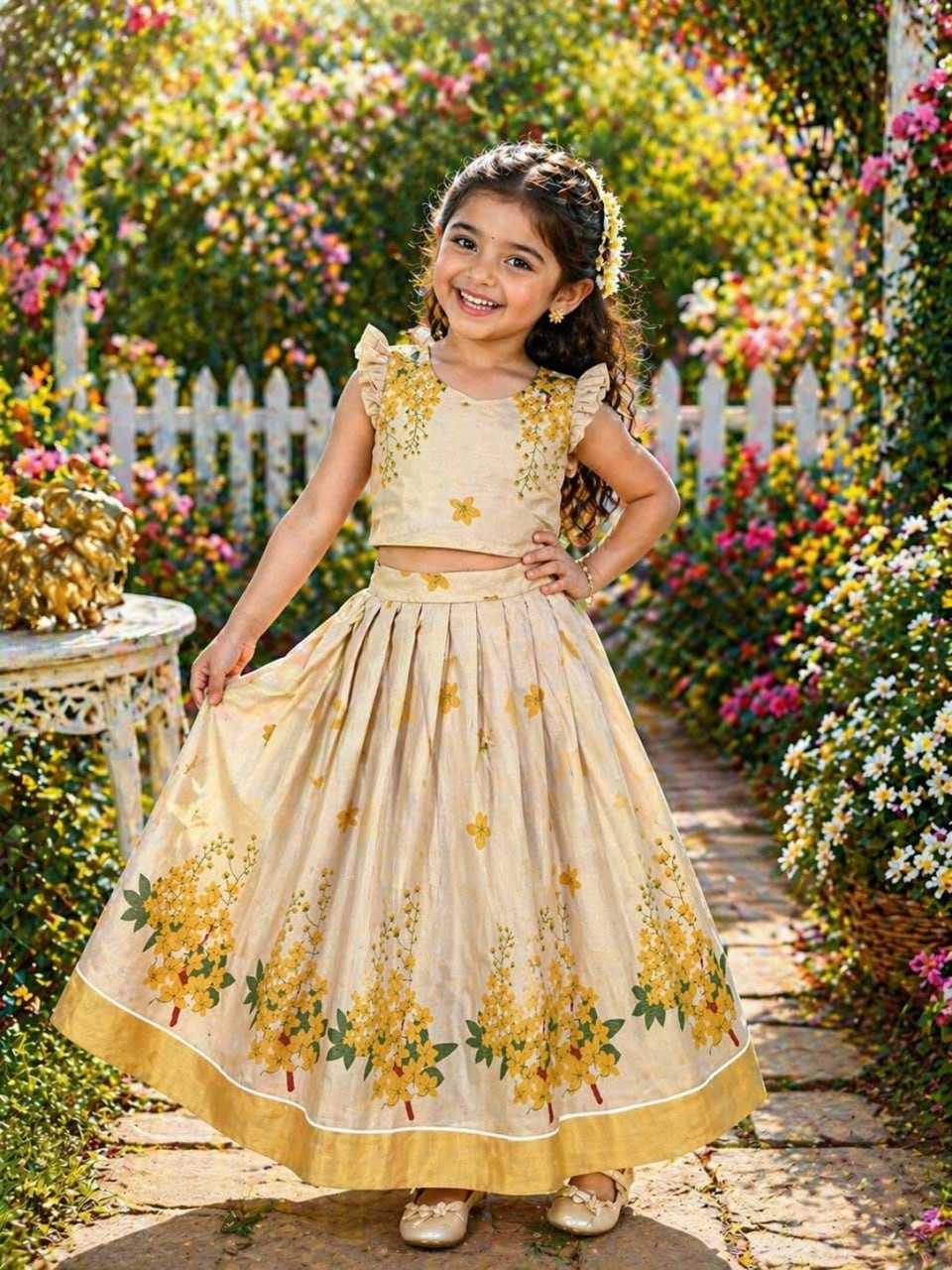 Ynf Tissue Silk KESH505 Golden Kids Wear Wholesale Kids Lehenga Kids Designer Frock Kids Party Wear Ethnic Manufacturer- Kids Exports
