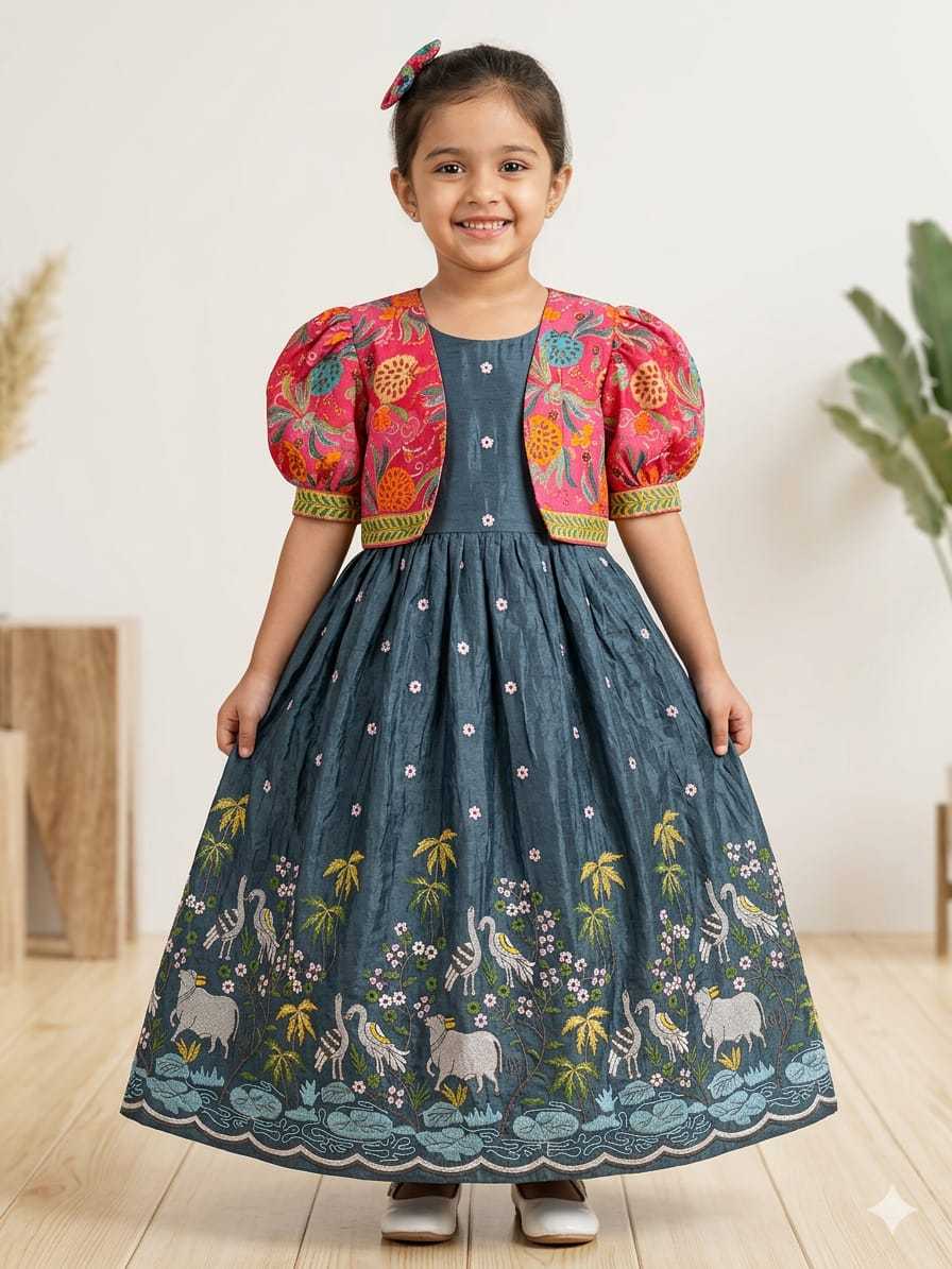 Ynf Crush Silk RIN235 Soft nylon Kids Wear Wholesale Kids Gown Embroidered Frock Kids Designer Frock Manufacturer- Kids Exports