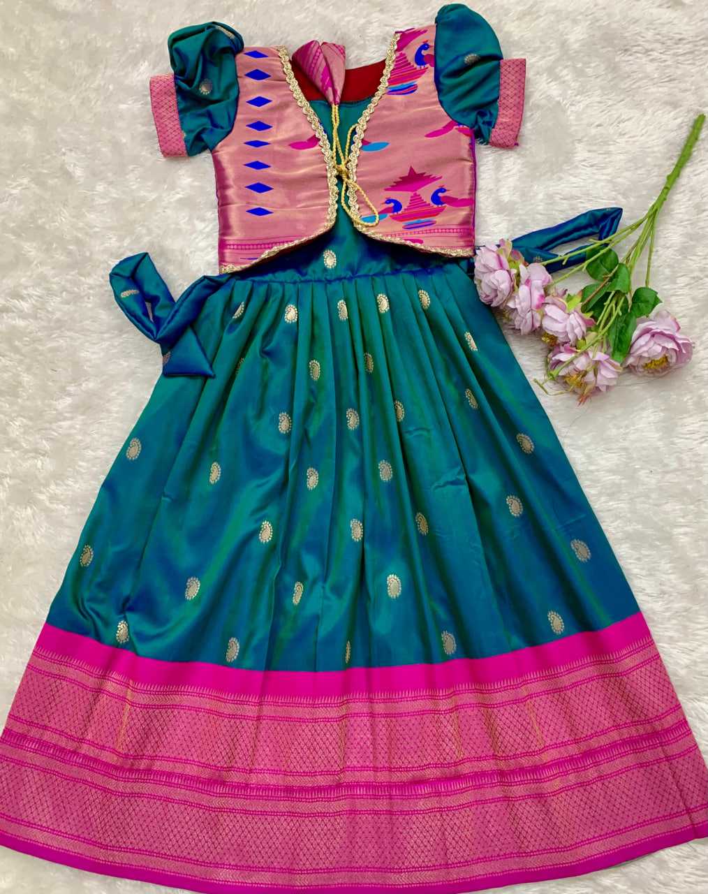 Ynf Paithani Silk KESH685 124 Kids Wear Festive Collections Wholesale Kids Gown Kids Ethnic Gowns Kids Silk Dress Manufacturer- Kids Exports