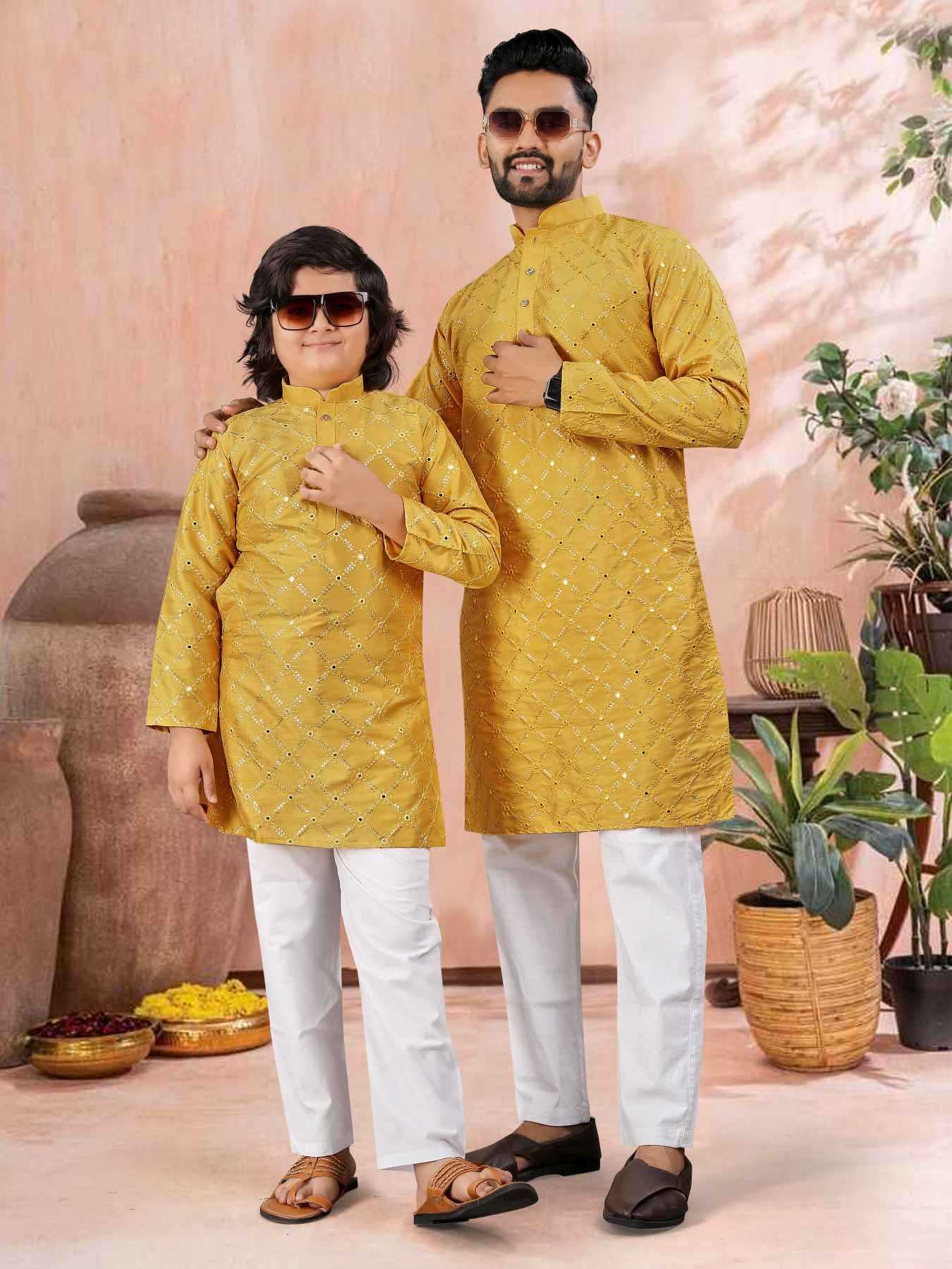 Ynf Soft Silk KESH747 GOLDEN Kids Wear Wholesale Boys Kurta Pyjama Kids Festive Wear Kids Party Wear Ethnic Manufacturer- Kids Exports