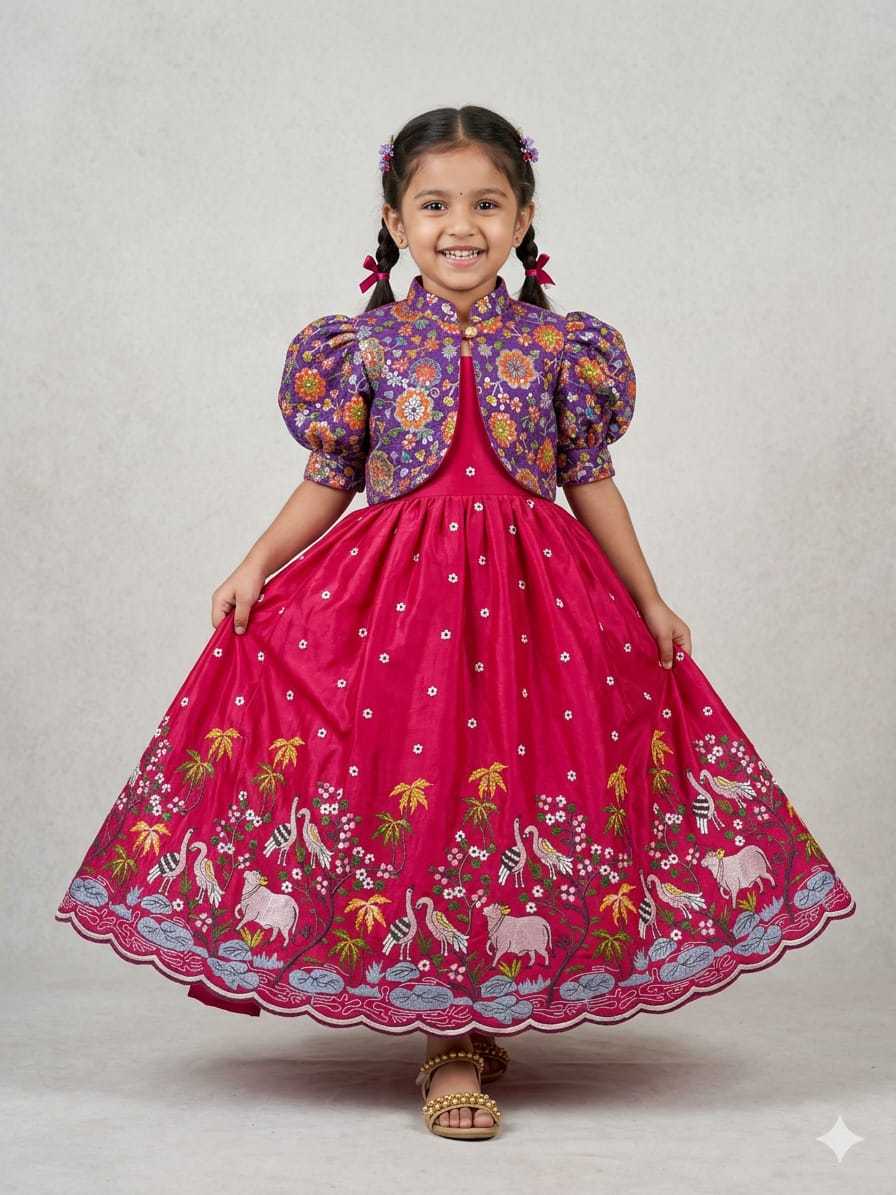 Ynf Crush Silk RIN235 Soft nylon Kids Wear Wholesale Kids Gown Embroidered Frock Kids Designer Frock Manufacturer- Kids Exports