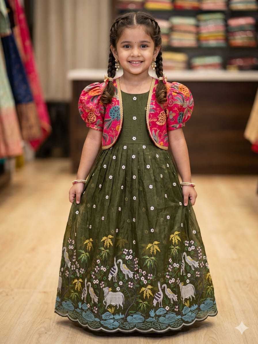 Ynf Crush Silk RIN235 Soft nylon Kids Wear Wholesale Kids Gown Embroidered Frock Kids Designer Frock Manufacturer- Kids Exports
