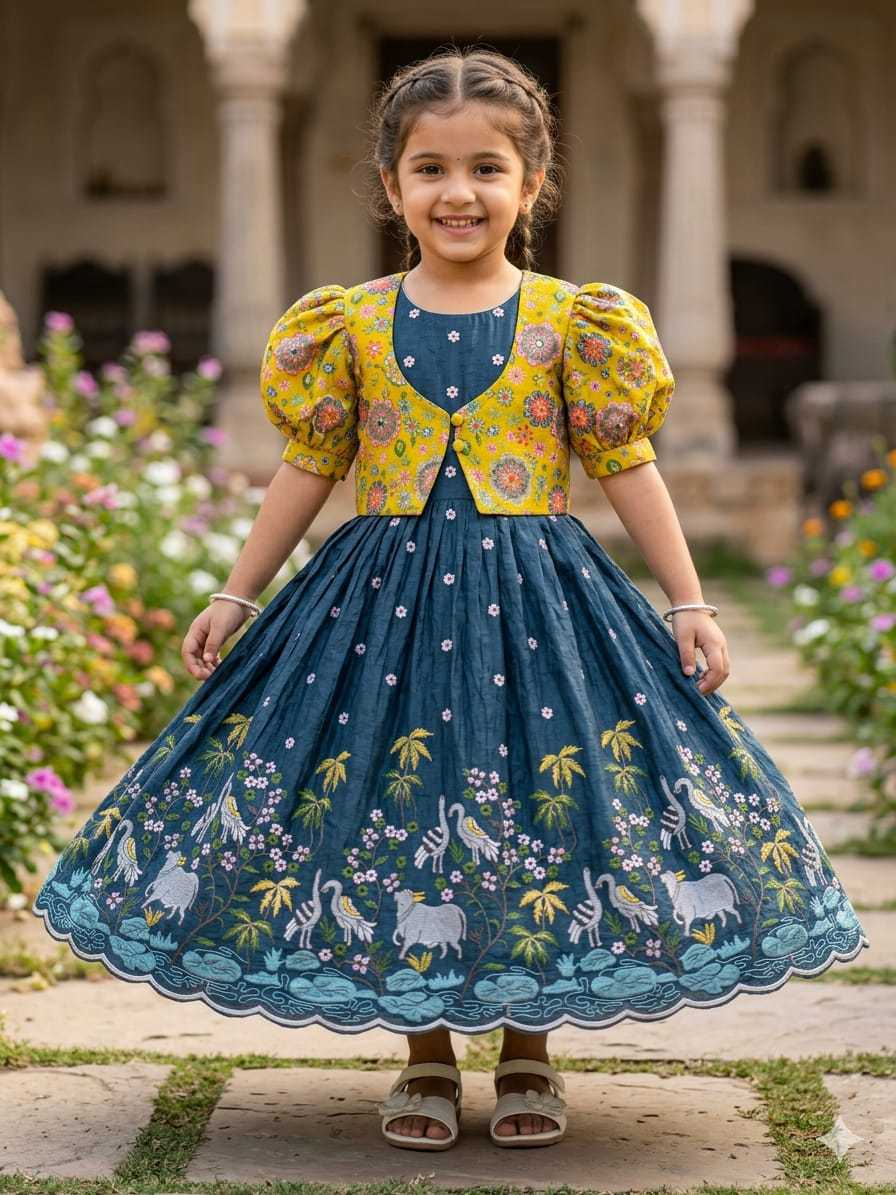 Ynf Crush Silk RIN235 Soft nylon Kids Wear Wholesale Kids Gown Embroidered Frock Kids Designer Frock Manufacturer- Kids Exports