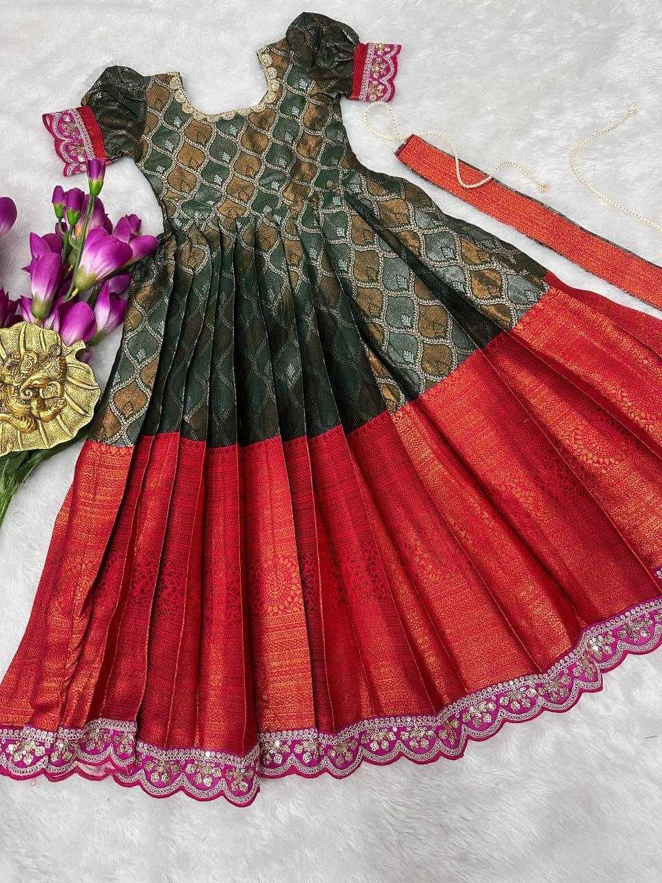 Ynf Kanjivaram Silk RIN161 ANKURI Kids Wear Wholesale Kids Gown Kids Frocks Girls Frock Manufacturer- Kids Exports