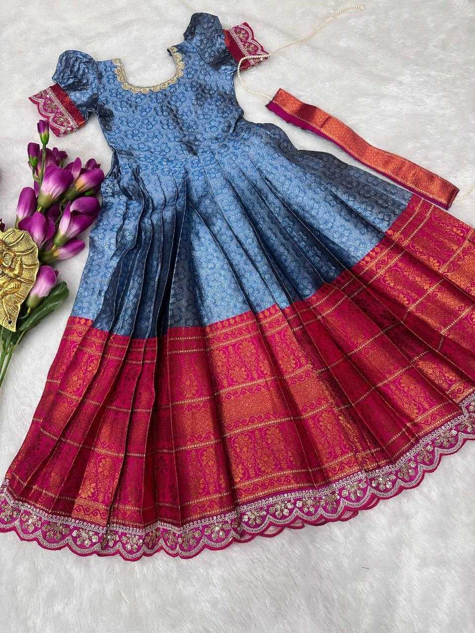 Ynf Kanjivaram Silk RIN161 ANKURI Kids Wear Wholesale Kids Gown Kids Frocks Girls Frock Manufacturer- Kids Exports