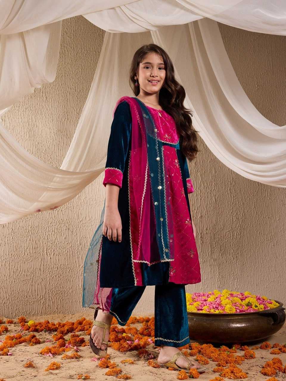 Ynf Velvet KESH642 030 Kids Wear Wholesale Kids Suit Kids Anarkali Suits Manufacturer- Kids Exports