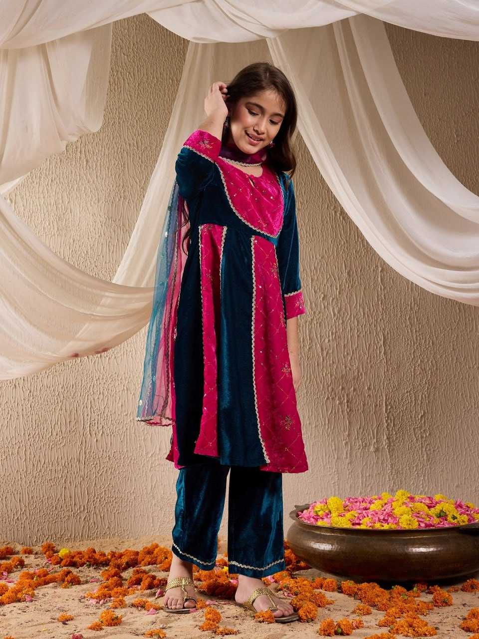 Ynf Velvet KESH642 030 Kids Wear Wholesale Kids Suit Kids Anarkali Suits Manufacturer- Kids Exports