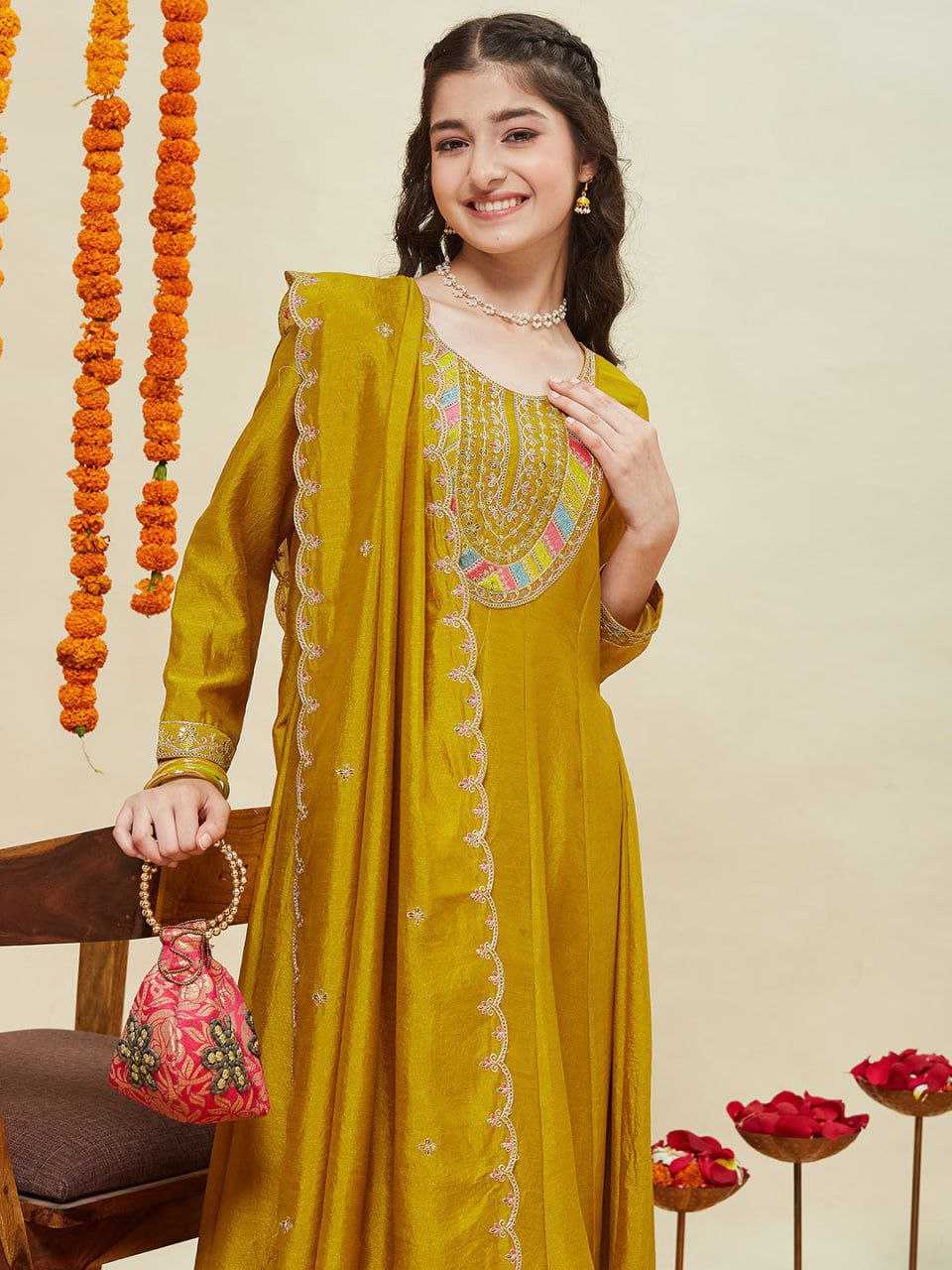 Ynf Vichitra Silk KESH461 171 Kids Wear Festive Collections Wholesale Embroidered Frock Kids Anarkali Suits Kids Party Wear Ethnic Manufacturer- Kids Exports