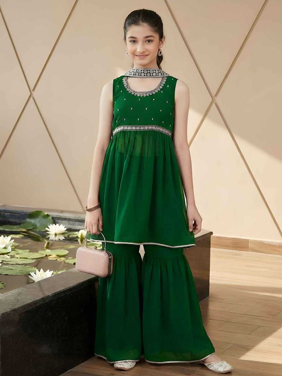 Ynf Georgette KESH642 079 Kids Wear Wholesale Kids Sharara Kids Suit Embroidered Frock Manufacturer- Kids Exports