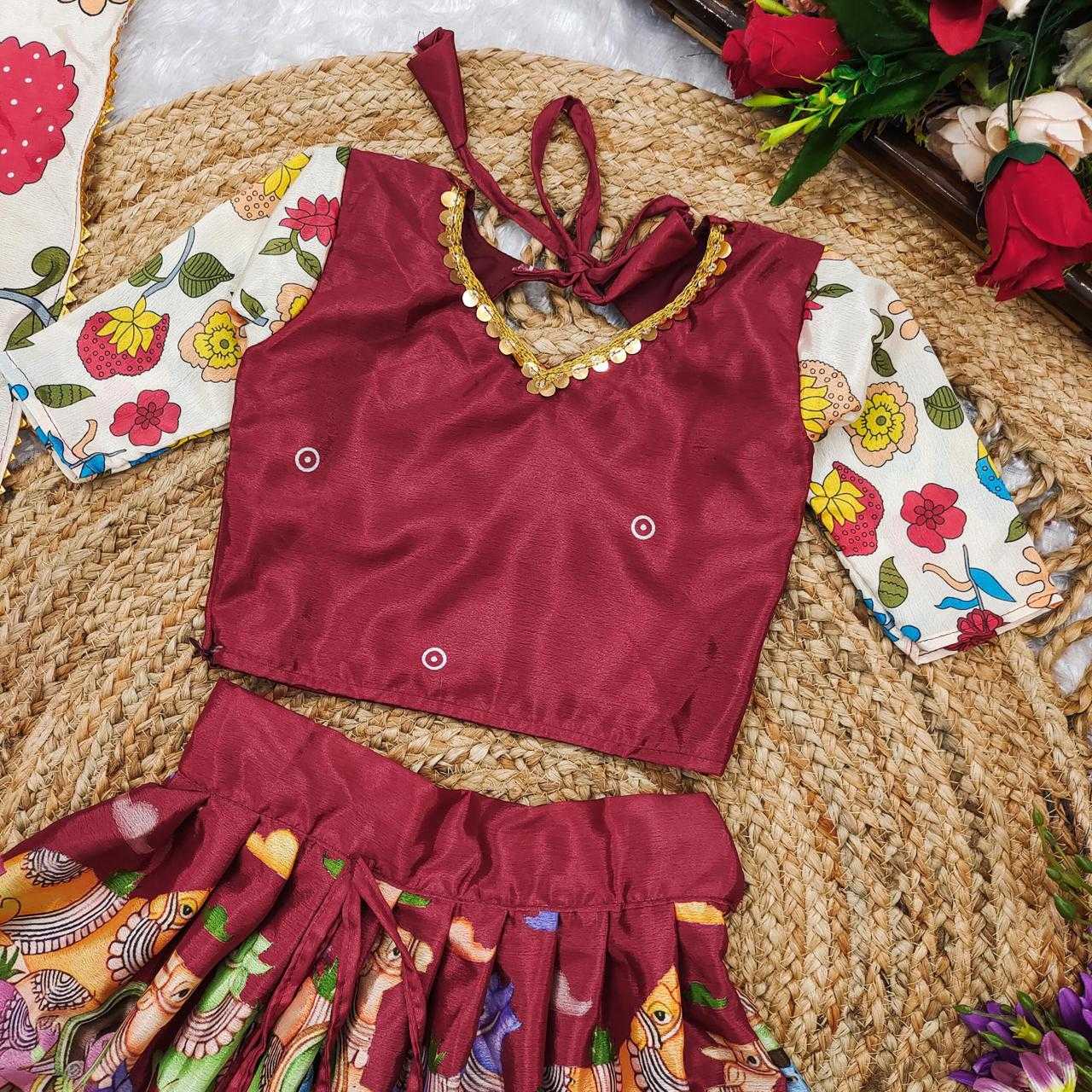 Ynf Chinon RIN235 Kalamkari Kids Wear Wholesale Kids Lehenga Kids Traditional Outfits Kids Party Wear Ethnic Manufacturer- Kids Exports