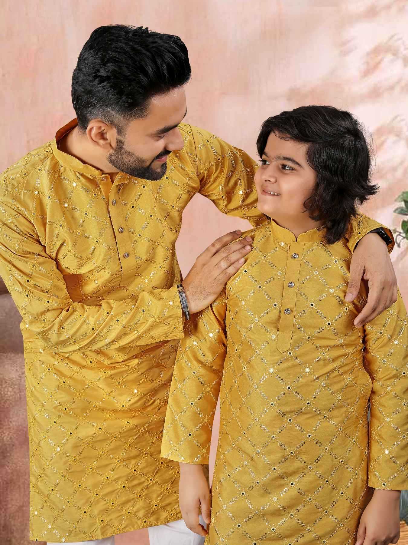 Ynf Soft Silk KESH747 GOLDEN Kids Wear Wholesale Boys Kurta Pyjama Kids Festive Wear Kids Party Wear Ethnic Manufacturer- Kids Exports
