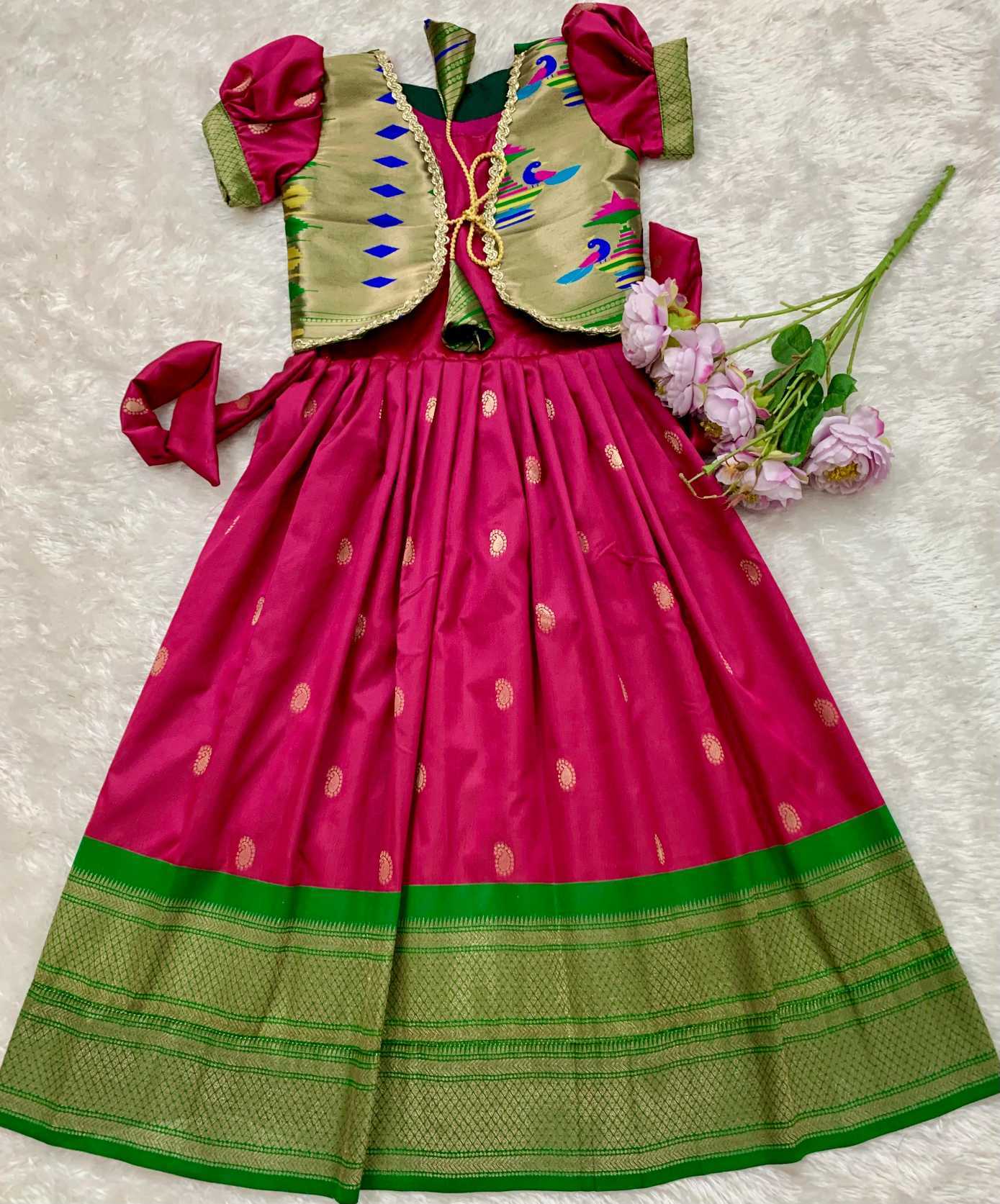 Ynf Paithani Silk KESH685 Atiriya Kids Wear Wholesale Kids Gown Kids Ethnic Gowns Manufacturer- Kids Exports