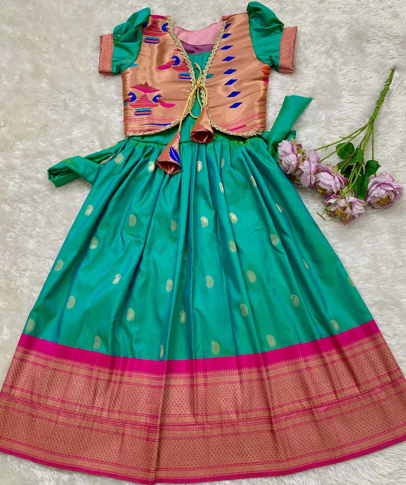 Ynf Paithani Silk KESH685 pongal Kids Wear Wholesale Kids Gown Kids Ethnic Gowns Manufacturer- Kids Exports