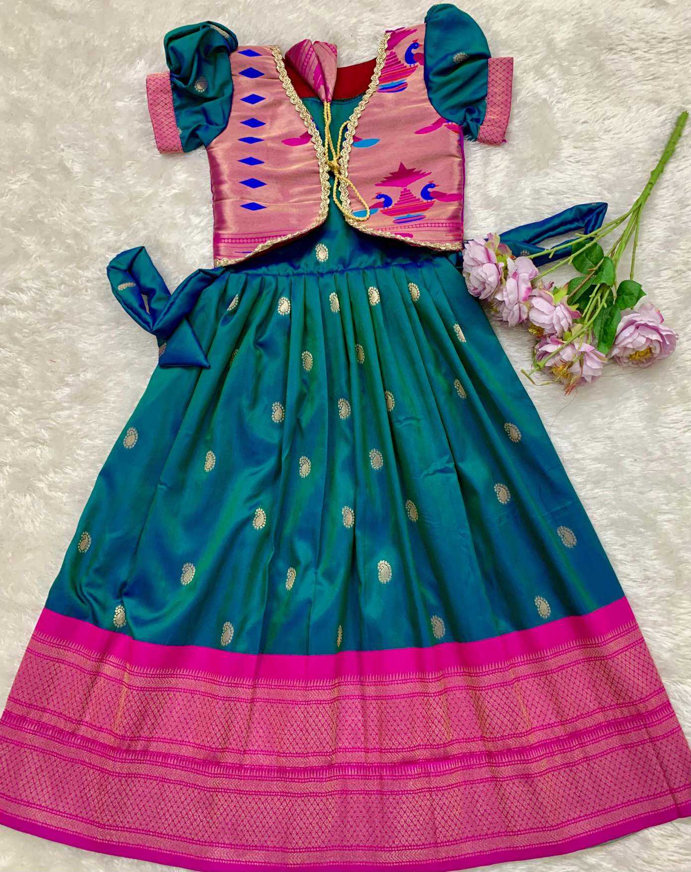 Ynf Paithani Silk KESH685 pongal Kids Wear Wholesale Kids Gown Kids Ethnic Gowns Manufacturer- Kids Exports