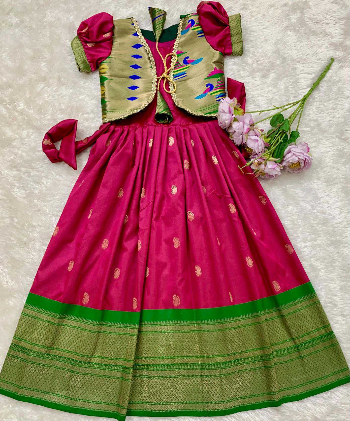 Ynf Paithani Silk KESH685 pongal Kids Wear Wholesale Kids Gown Kids Ethnic Gowns Manufacturer- Kids Exports