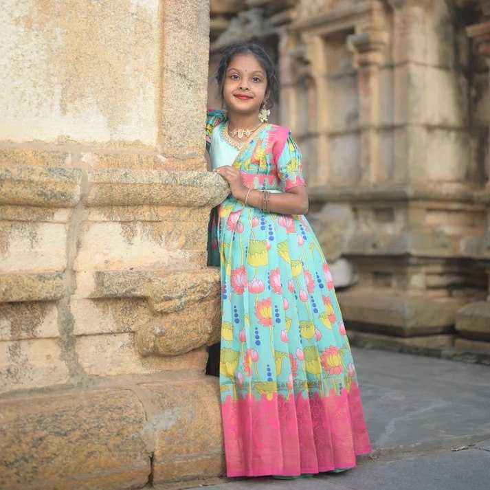 Ynf Pure Silk KESH505 Ugadi Kids Wear Wholesale Kids Gown Kids Designer Frock Kids Party Wear Ethnic Manufacturer- Kids Exports
