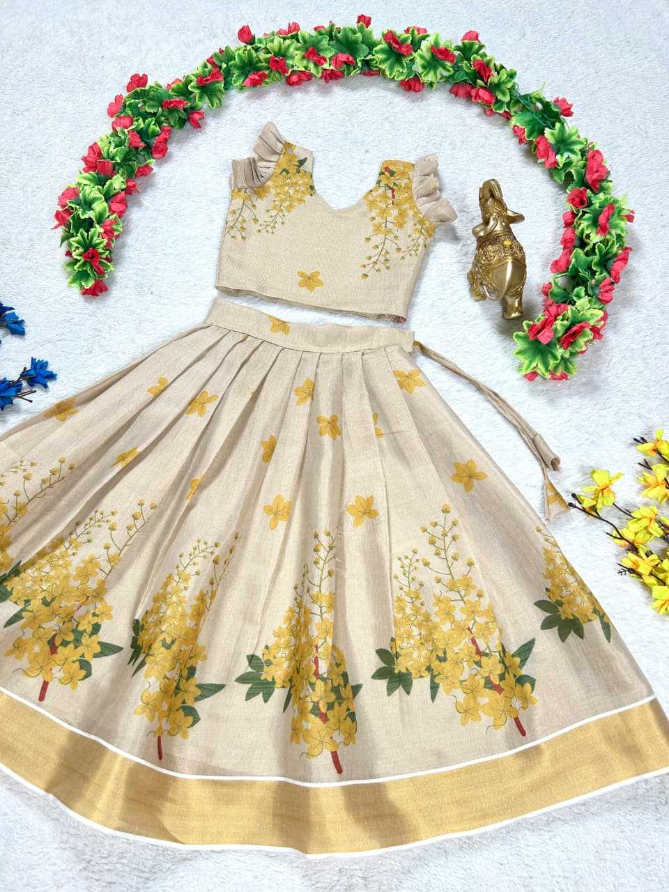 Ynf Tissue Silk KESH505 Golden Kids Wear Wholesale Kids Lehenga Kids Designer Frock Kids Party Wear Ethnic Manufacturer- Kids Exports