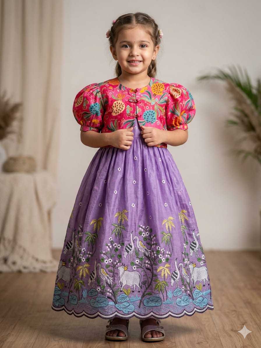 Ynf Crush Silk RIN235 Soft nylon Kids Wear Wholesale Kids Gown Embroidered Frock Kids Designer Frock Manufacturer- Kids Exports