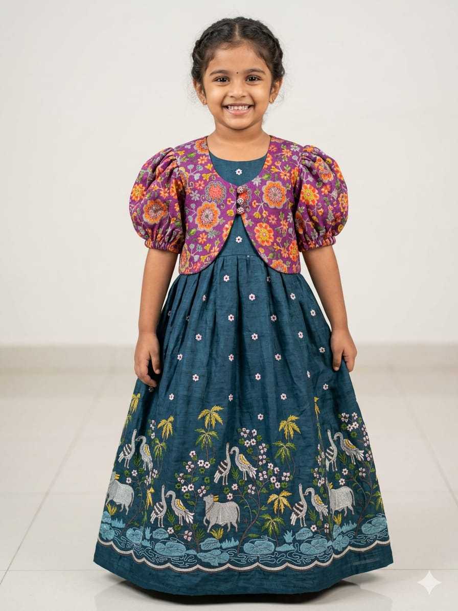 Ynf Crush Silk RIN235 Soft nylon Kids Wear Wholesale Kids Gown Embroidered Frock Kids Designer Frock Manufacturer- Kids Exports