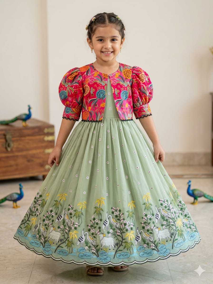 Ynf Crush Silk RIN235 Soft nylon Kids Wear Wholesale Kids Gown Embroidered Frock Kids Designer Frock Manufacturer- Kids Exports