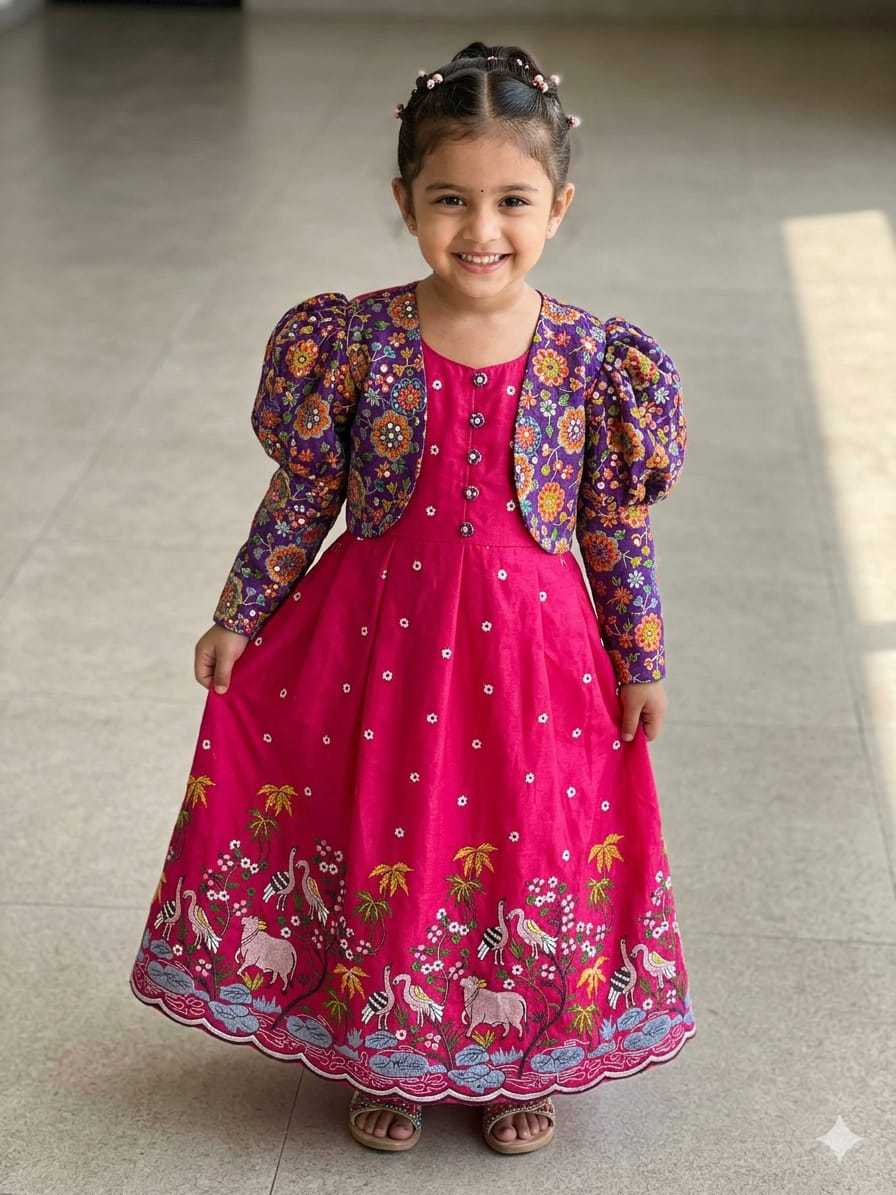 Ynf Crush Silk RIN235 Soft nylon Kids Wear Wholesale Kids Gown Embroidered Frock Kids Designer Frock Manufacturer- Kids Exports